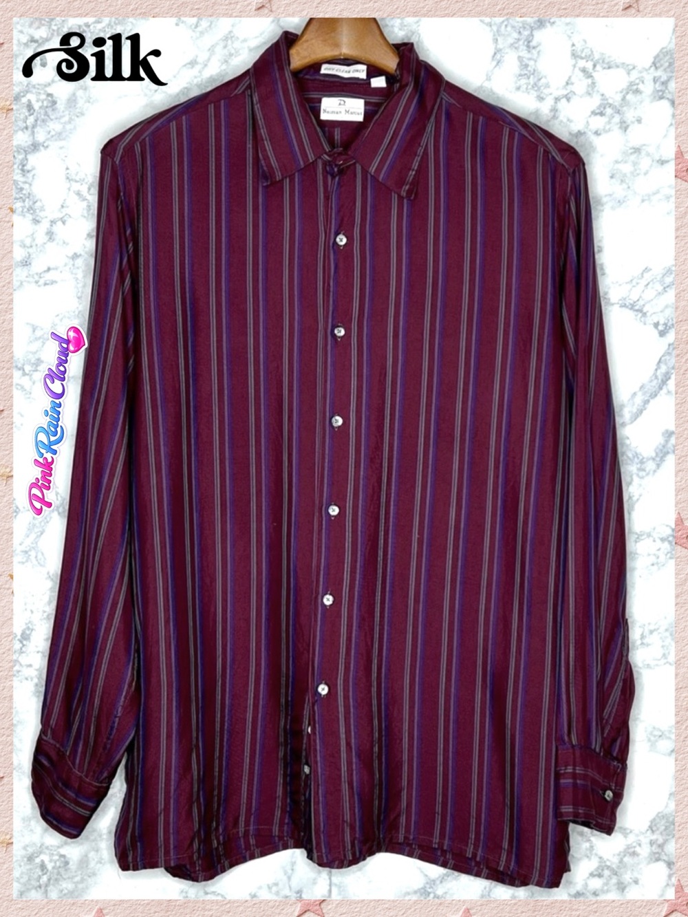Neiman Marcus 80s 100% Silk Burgundy Stripe Button Up Dress Shirt Men’s Large